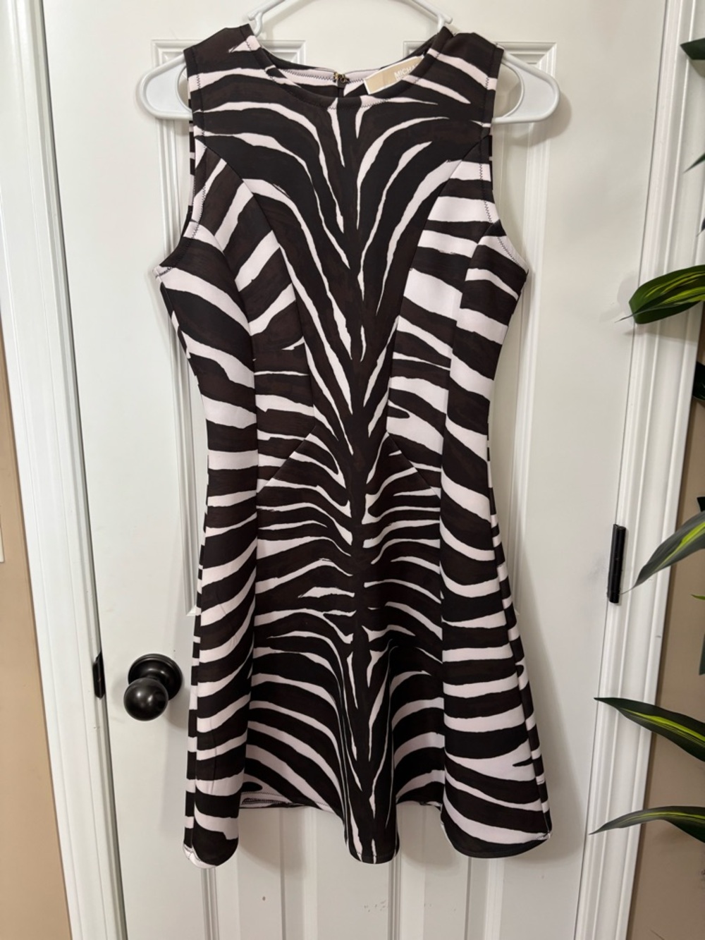 Michael Kors Brown and White Zebra-Print Fit-and-Flare Scuba Mini Dress Size 2